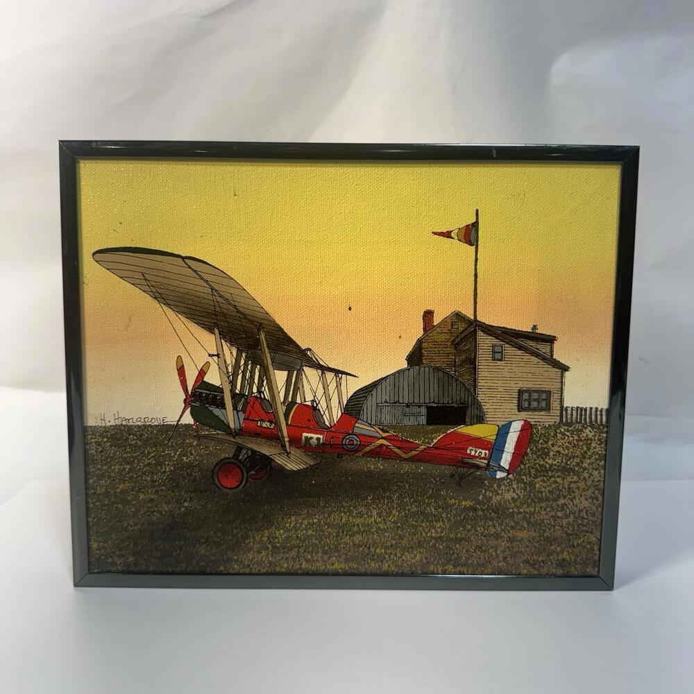 Vintage H. HARGROVE Framed Oil On Canvas Serigraph K-1 Bi-Plane 8” X 10 ShF